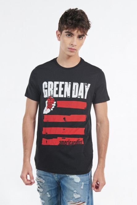 Camiseta negra cuello redondo con estampado de Green Day en frente