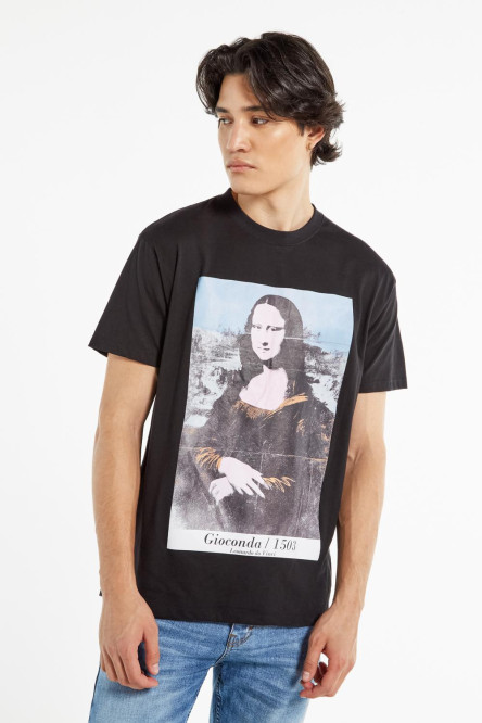 Camiseta negra con estampado de Mona Lisa y manga corta oversize