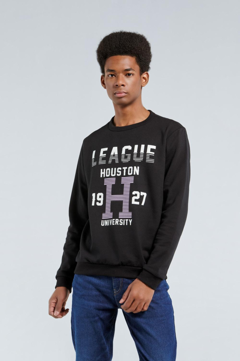 Buzo negro con cuello redondo y diseño college de Houston