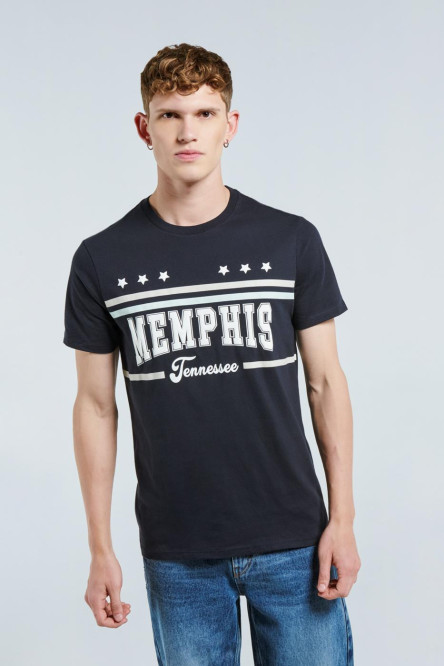 Camiseta azul con diseño college de Memphis y cuello redondo
