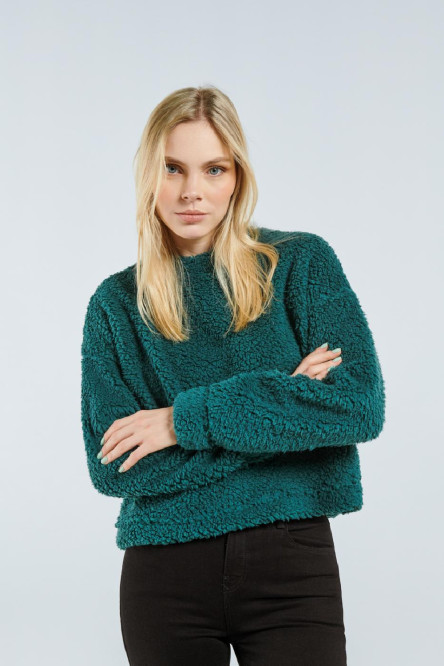 Buzo verde oscuro afelpado oversize con cuello redondo