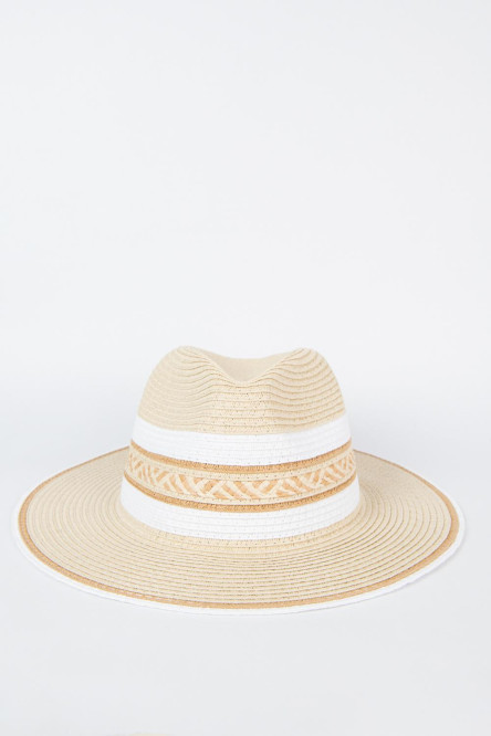 Sombrero tejido kaky claro con diseños de líneas en contraste y ala plana