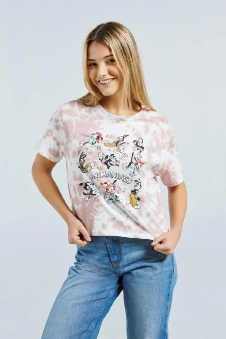 Camiseta crop top crema clara tie dye con diseño de Animaniacs en frente