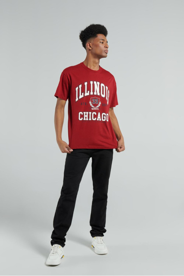 Camiseta manga corta roja oscura con estampado college de New York
