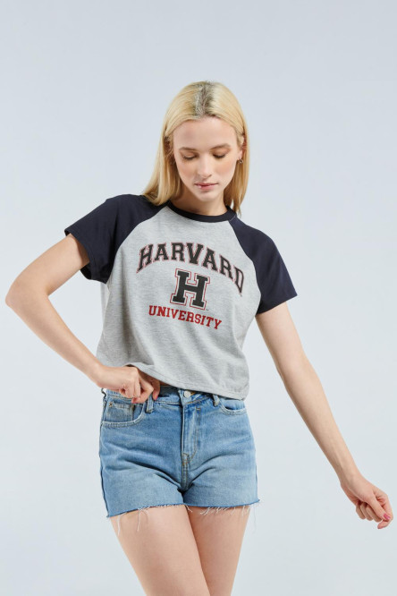 Camiseta manga ranglan corta gris clara con diseño college de Harvard