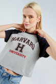 Camiseta manga ranglan corta gris clara con diseño college de Harvard
