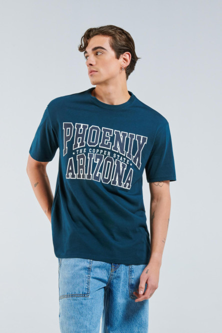 Camiseta manga corta azul oscura con texto college de Phoenix