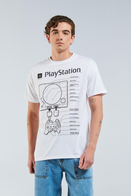 Camiseta blanca con estampado de PlayStation y manga corta