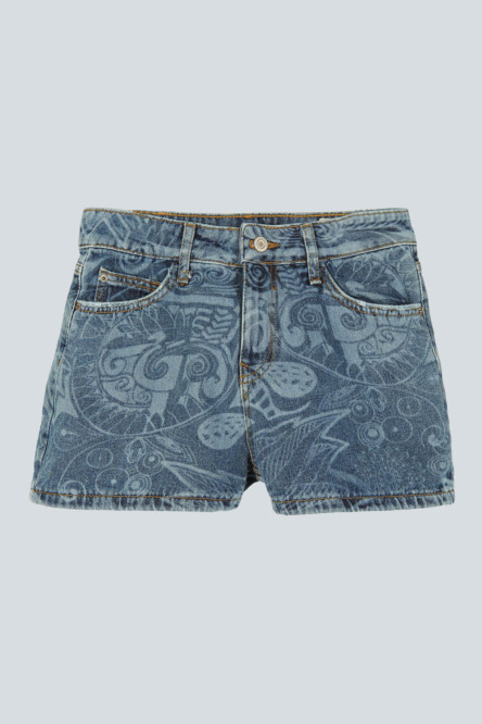 Short azul oscuro en jean con tiro alto y diseños en láser