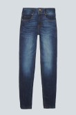 Jean tiro alto azul oscuro con efecto push up y desgastes de color
