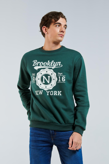 Buzo verde con diseño college de Brooklyn y cuello redondo