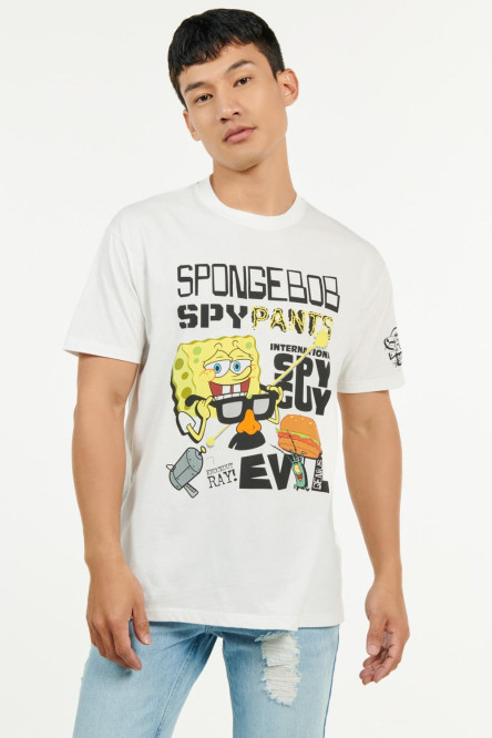 Camiseta crema clara con estampados de Bob Esponja y mangas cortas