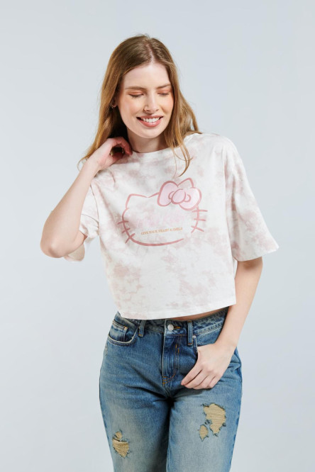 Camiseta crop top oversize con estampado en frente de Hello Kitty