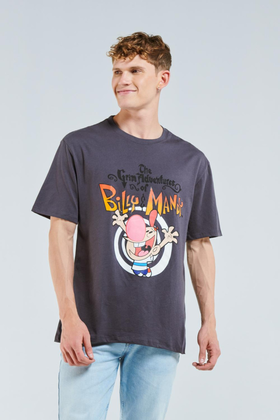 Camiseta gris intensa oversize con diseño de Billy & Mandy