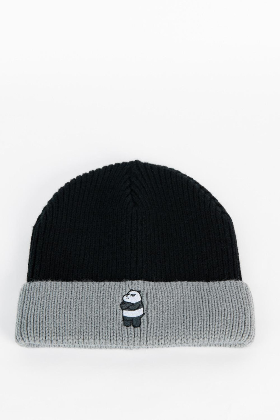 Gorro tejido negro con bordado de Osos Escandalosos y doblez gris