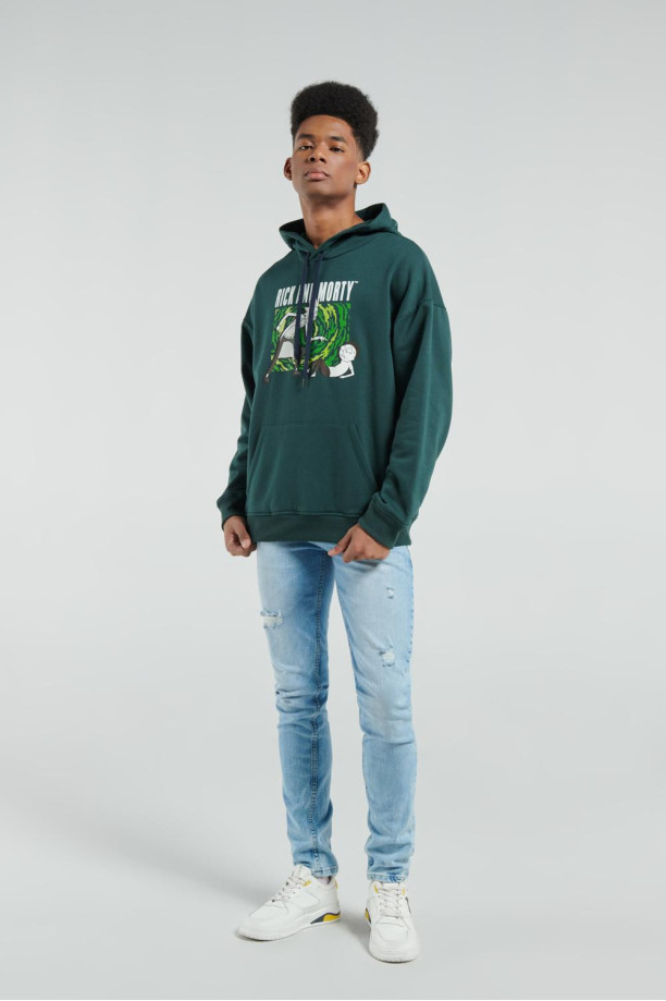 Buzo verde oscuro oversize con capota y dise os de Rick and Morty