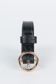 Cinturón negro con texturas y hebilla circular dorada