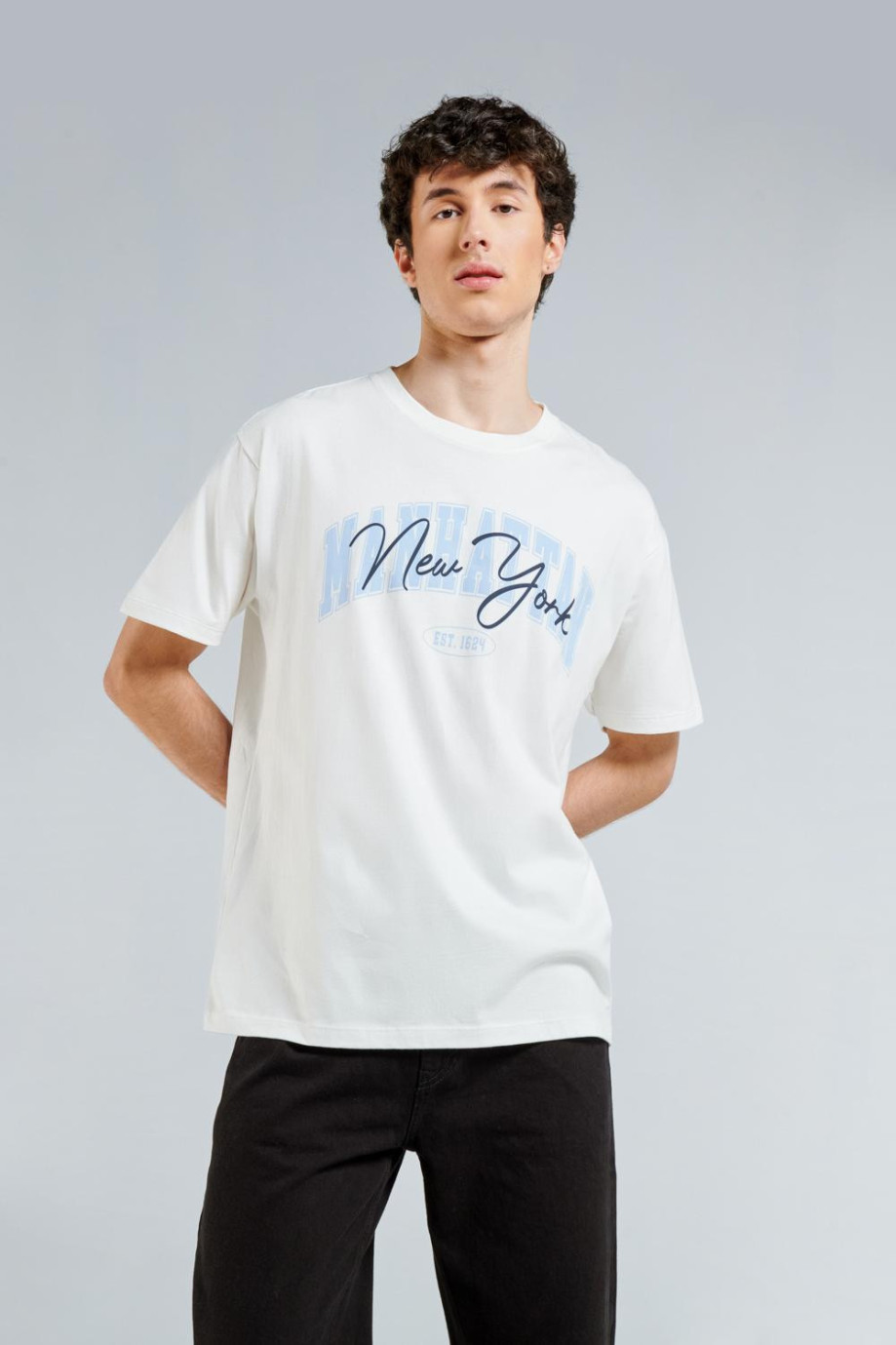 Camiseta crema clara oversize con diseño college de New York