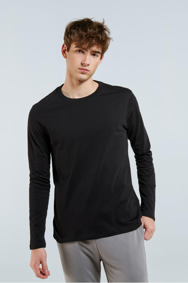 Camiseta de manga larga con encaje y cuello redondo color Negro