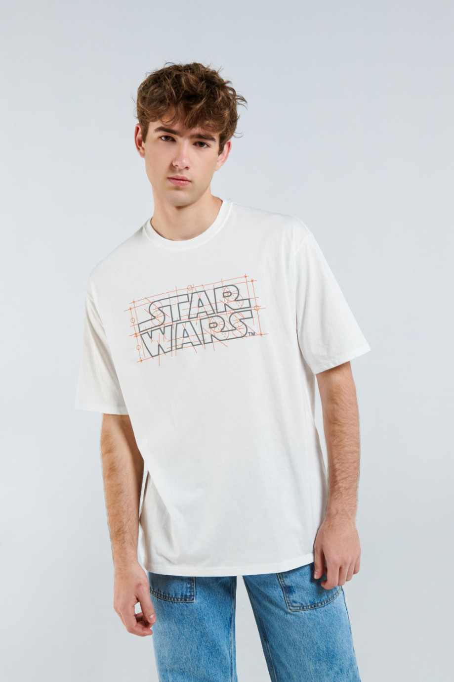 Camiseta cuello redondo oversize crema clara con diseños de Star Wars