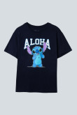 Camiseta femenina hombro rodado manga corta con estampado en frente de Lilo & Stich