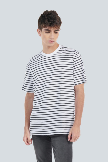 Camiseta unicolor a rayas oversize con cuello redondo