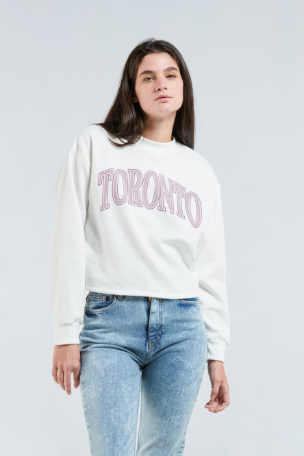 Buzo crema claro crop top con diseño college de Toronto y cuello redondo