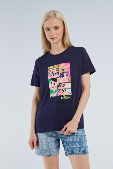 Camiseta azul con manga corta y diseño de Los Picapiedra