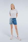 Camiseta lila clara crop top en algodón con diseño de NASA en frente