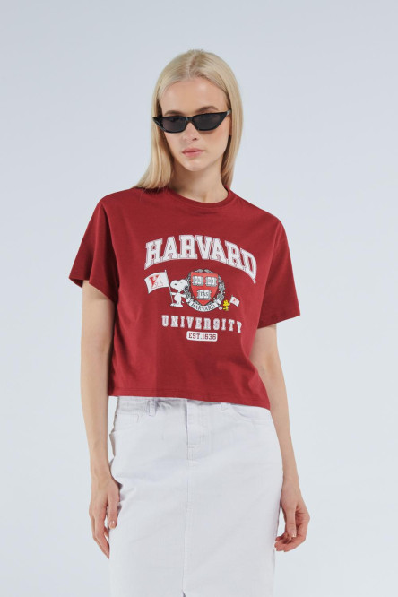 Camiseta roja crop top con arte college de Snoopy & Harvard