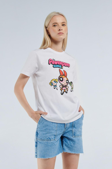 Camiseta blanca con manga corta y diseño de Chicas Superpoderosas