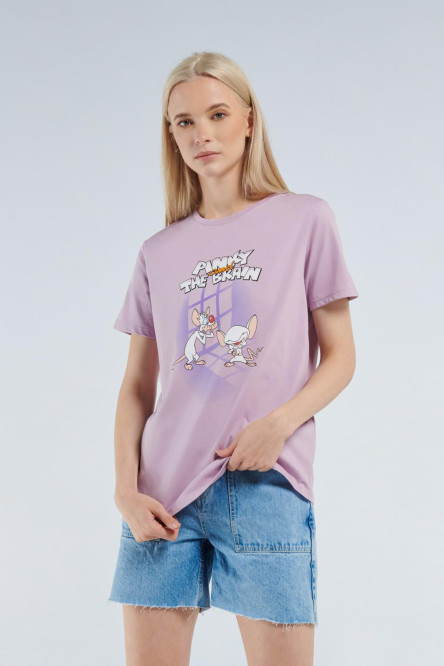 Camiseta lila con diseño de Pinky y Cerebro y manga corta