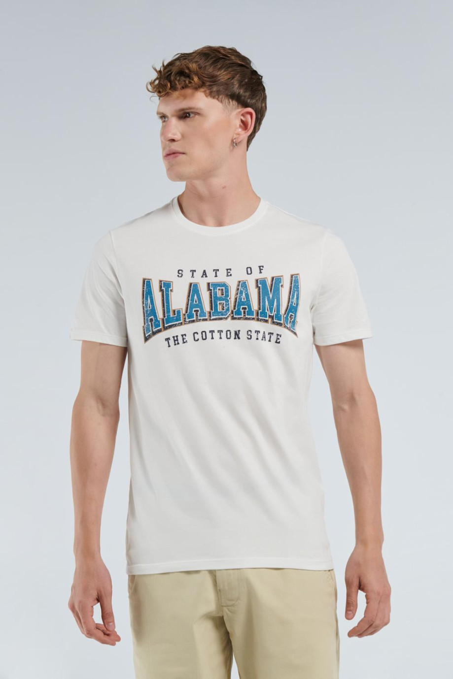 Camiseta en algodón crema con manga corta y diseño college