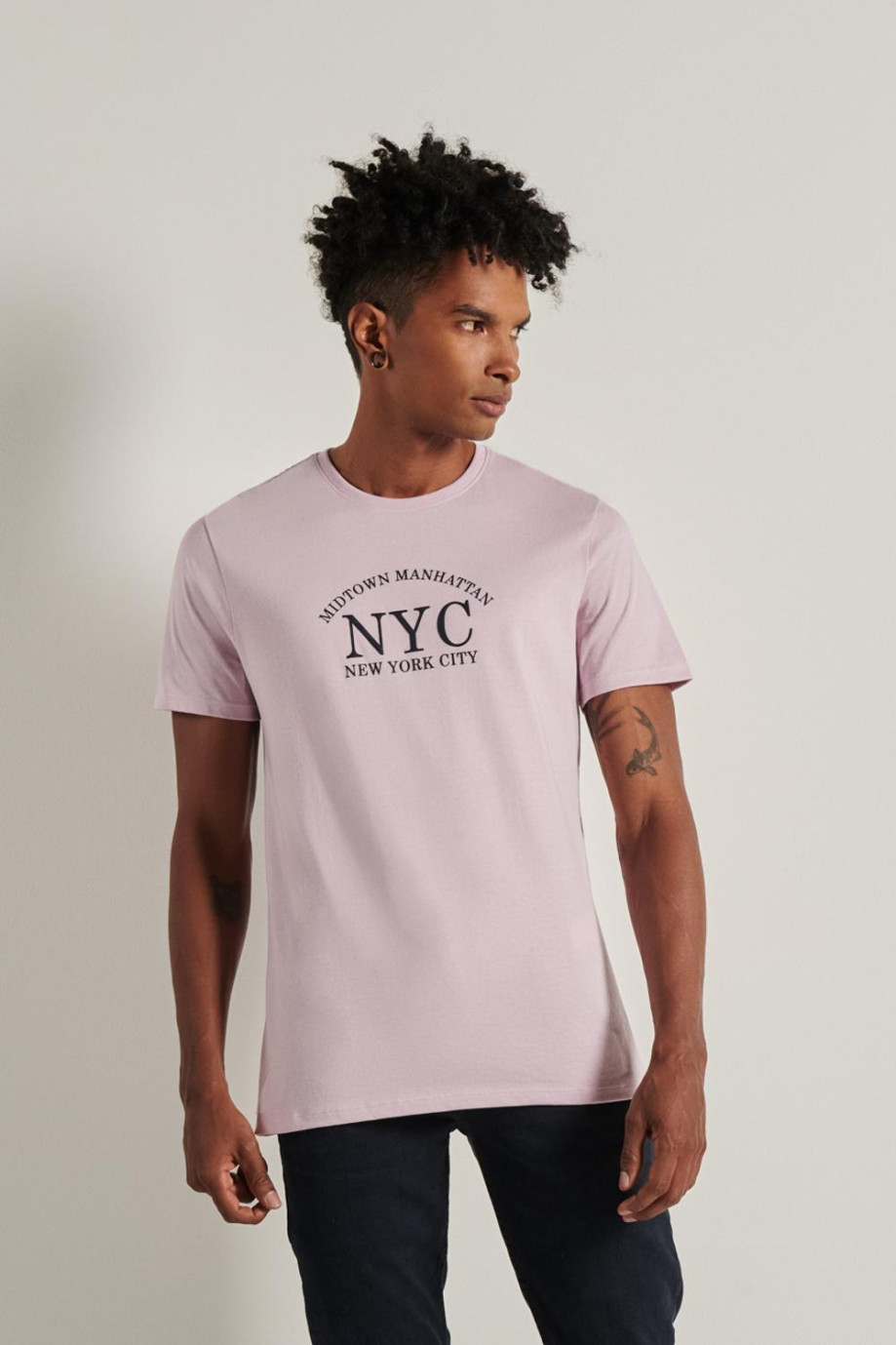 Camiseta unicolor en algodón con manga corta y diseño college de NYC