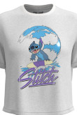 Camiseta crop top unicolor en algodón con diseño de Stitch