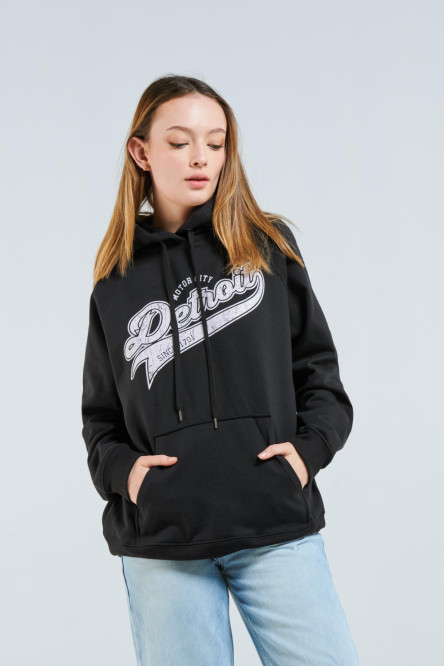 Buzo oversize negro con manga ranglan, capota y diseño college de Detroit