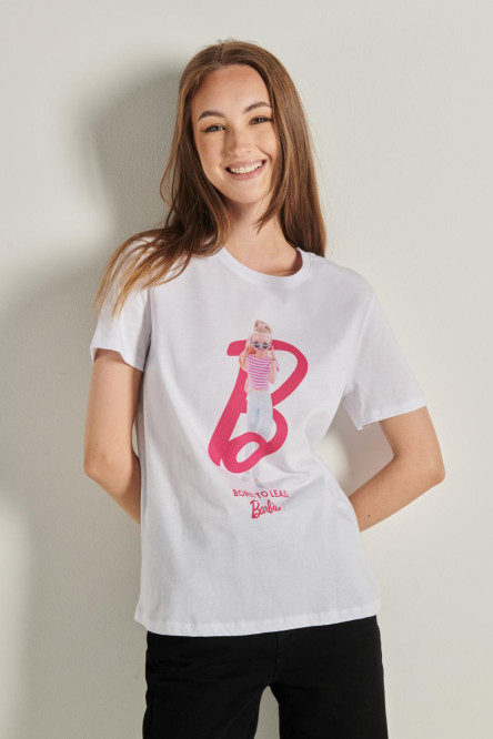 Camiseta blanca en algodón manga corta con diseño de Barbie