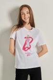 Camiseta blanca en algodón con manga corta y diseño de Barbie