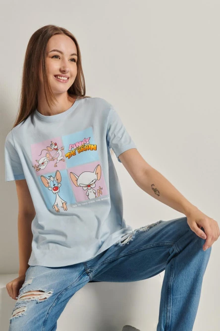 Camiseta manga corta azul clara con diseño de Pinky y Cerebro