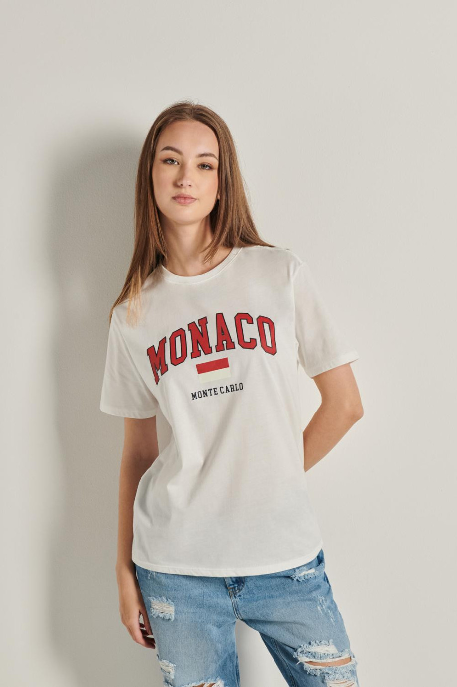 Camiseta unicolor con manga corta y diseño college de Mónaco