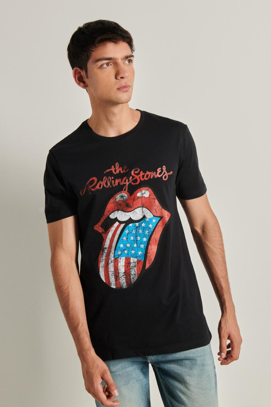Camiseta cuello redondo negra con manga corta y diseño de Rolling Stones