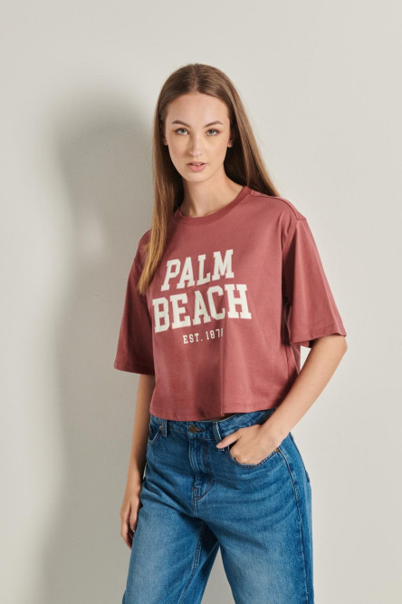 Camiseta unicolor crop top oversize con diseño college