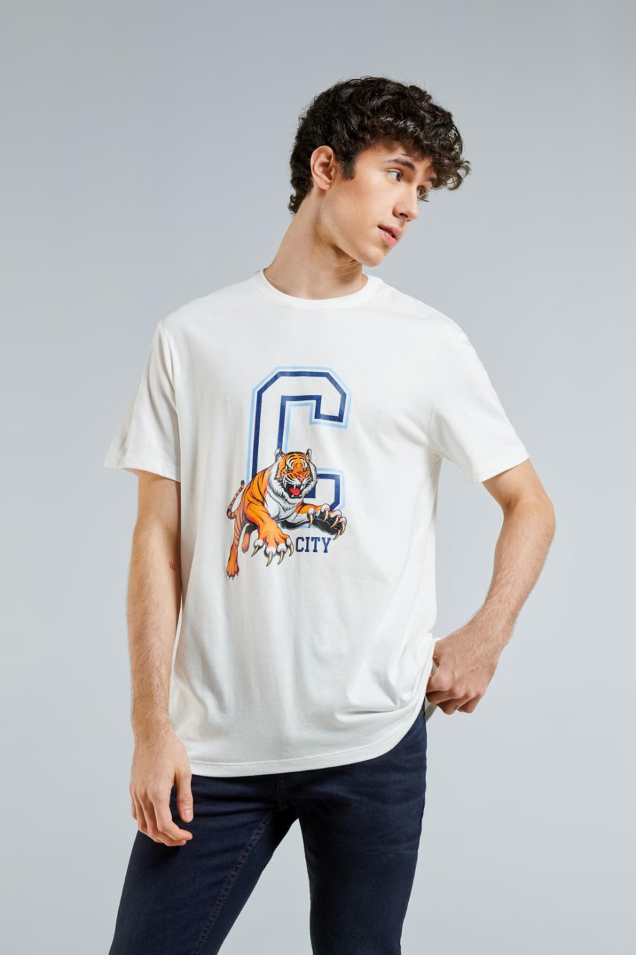Camiseta unicolor con diseño college y cuello redondo