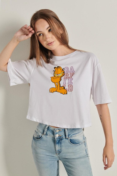 Camiseta crop top oversize blanca con diseño de Garfield