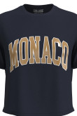 Camiseta crop top unicolor con diseño college de Mónaco en frente
