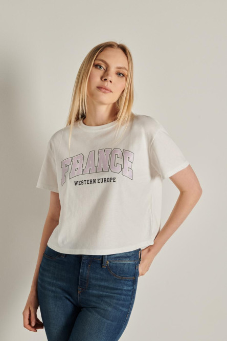 Camiseta unicolor crop top con diseño college de France