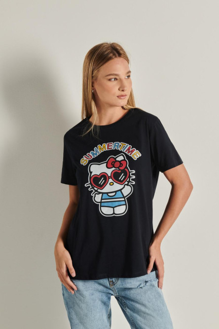 Camiseta unicolor con manga corta y diseño de Hello Kitty