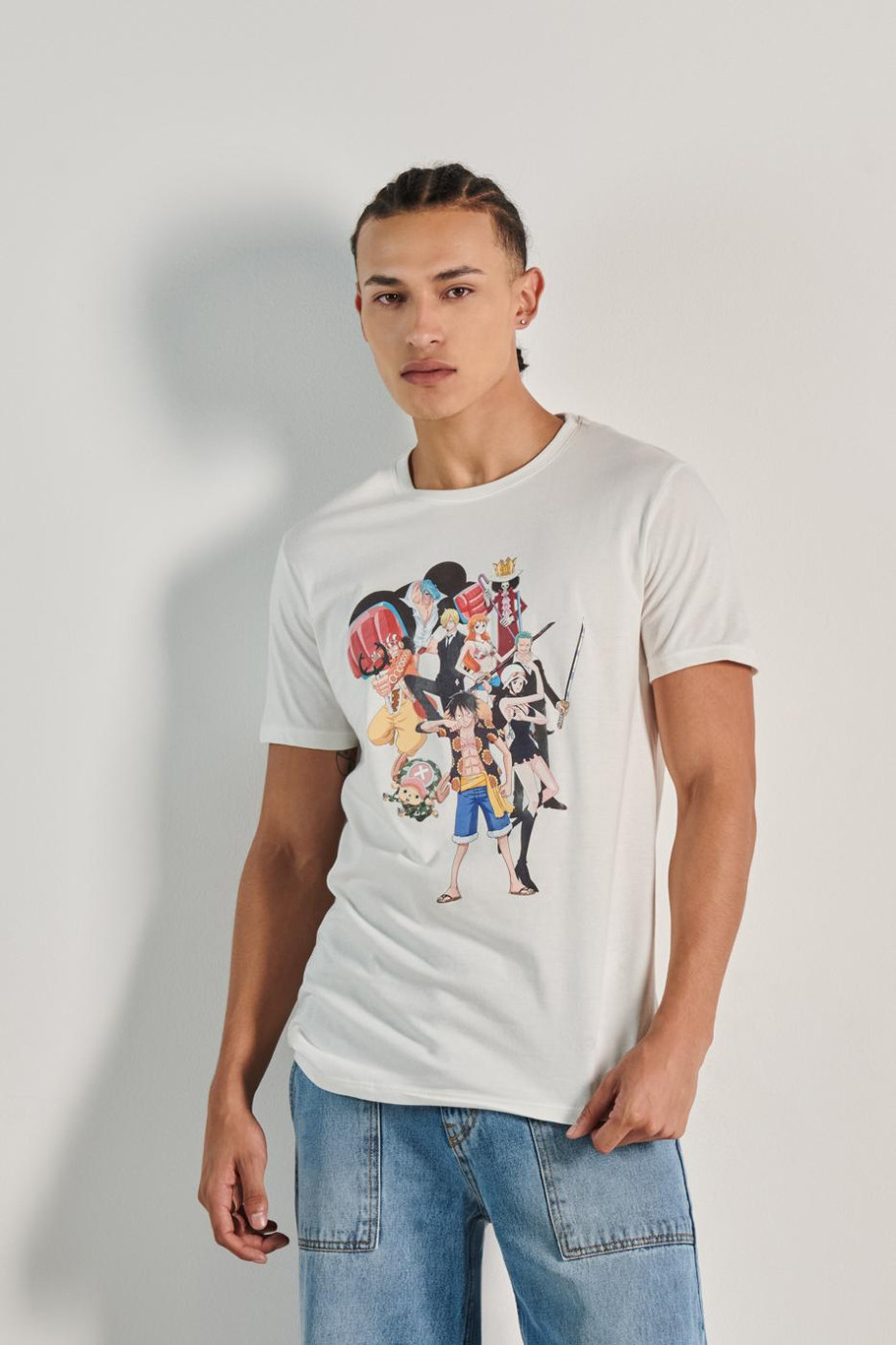 Camiseta unicolor en algodón con manga corta y diseño de One Piece