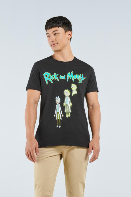 Camiseta negra con cuello redondo y diseño de Rick and Morty