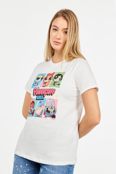 Camiseta manga corta crema clara con diseño de Las Chicas Superpoderosas